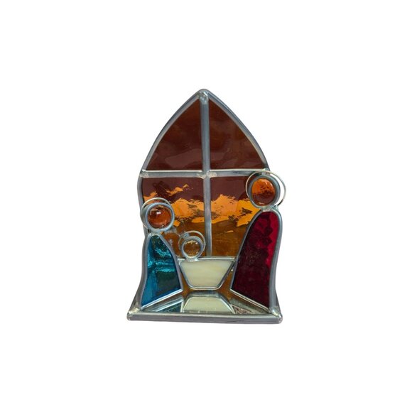 Vintage Stained Glass Nativity Scene Mirror Panel Christmas Art candle base - Picture 3 of 9